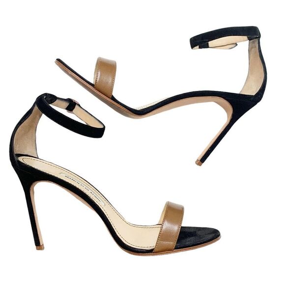 Manolo Blahnik Chaos High Heels in Two Tone Black Suede Tan 105 MM Sandals 39.5 - Picture 3 of 9